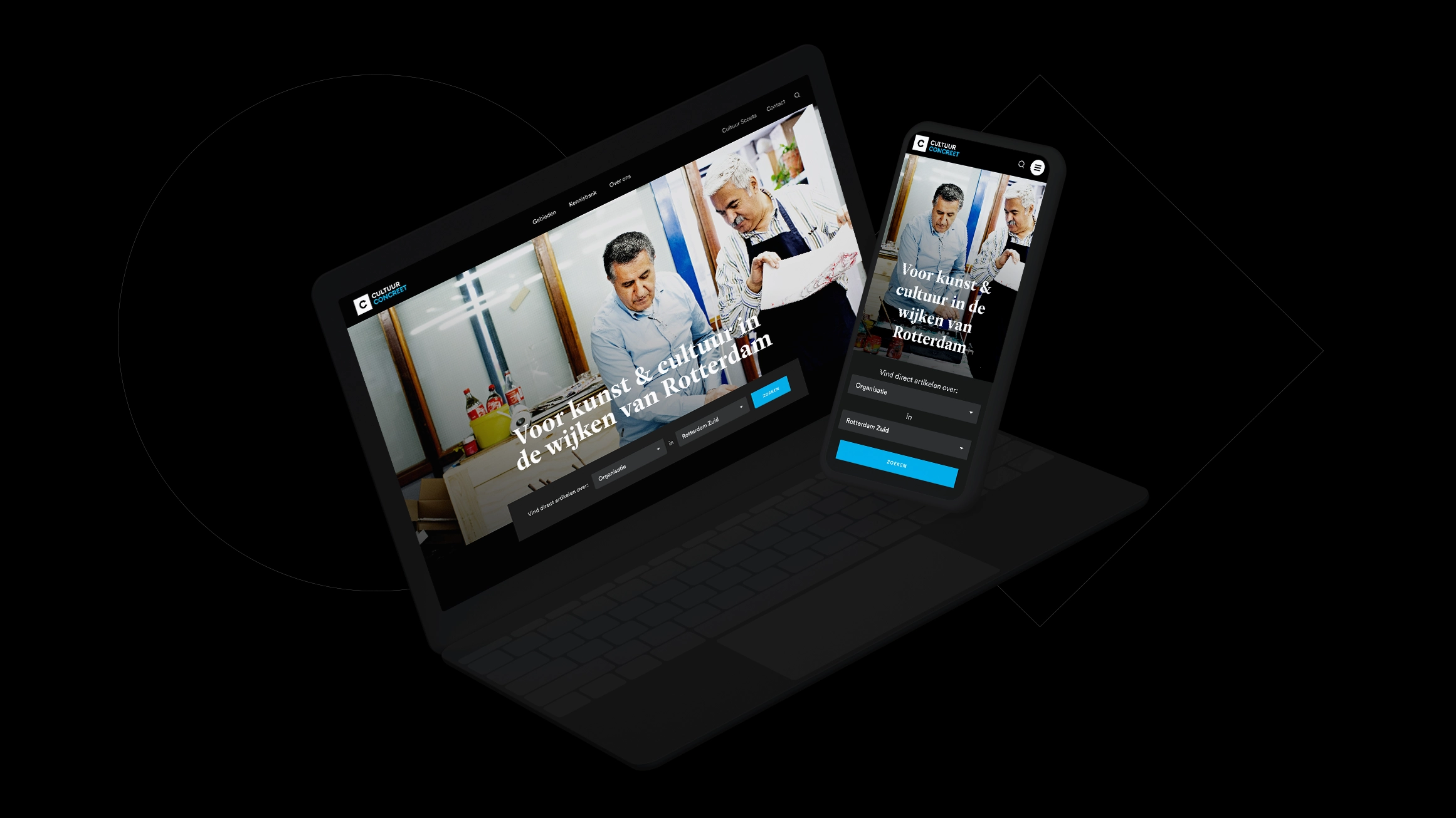A laptop and mobile device that show the Cultuur Concreet
homepage.