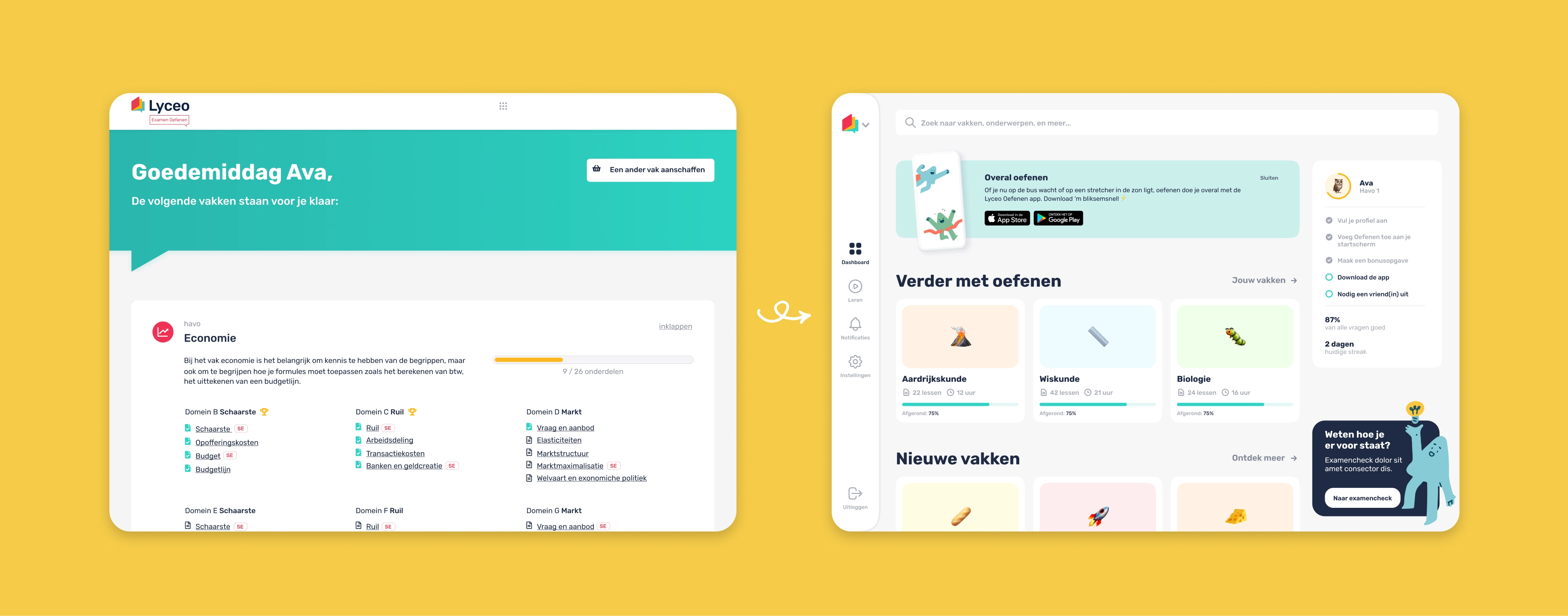 Two screenshots of Lyceo Oefenen. Left: before. Right: after.