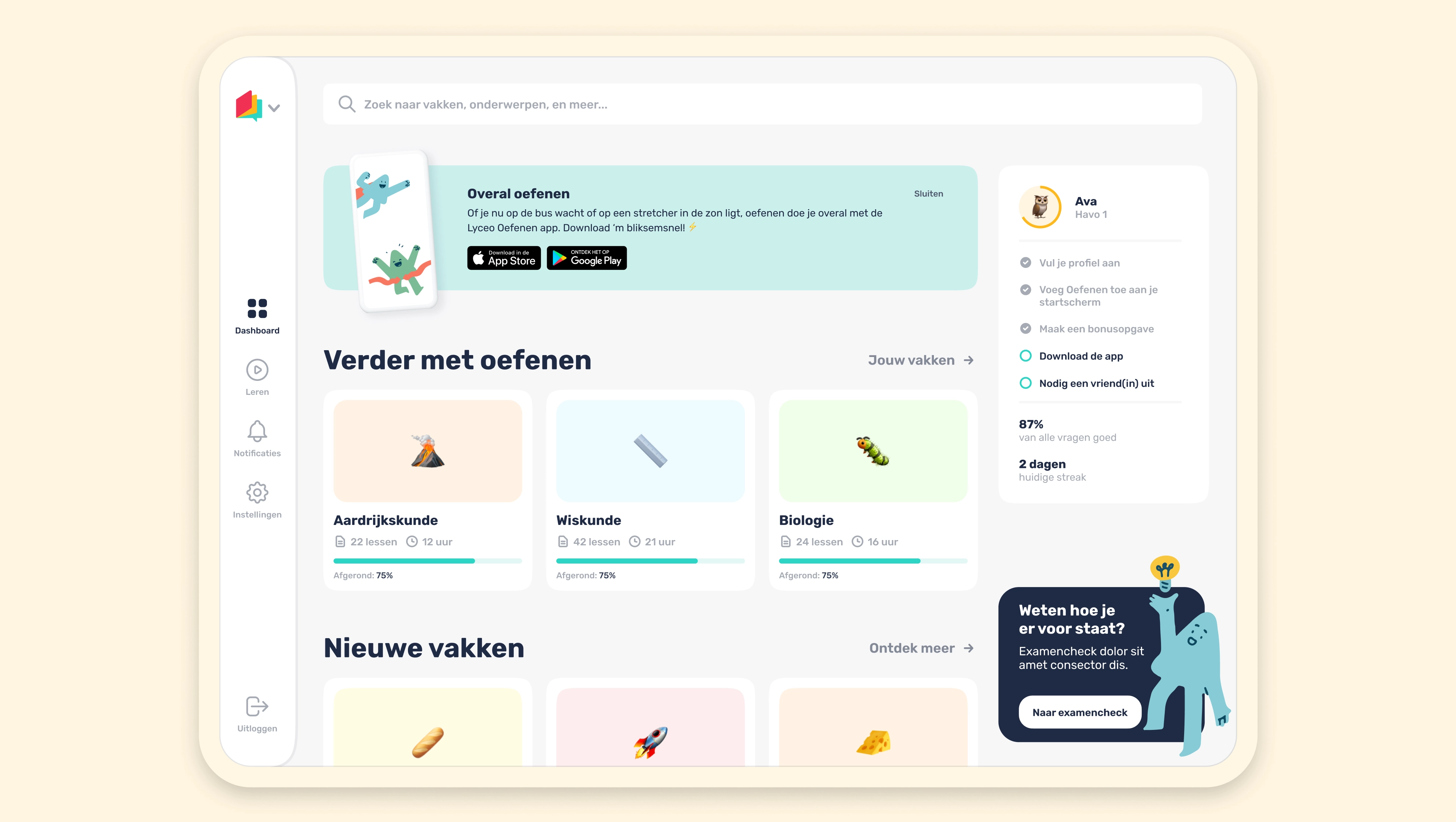 Lyceo Oefenen dashboard.
