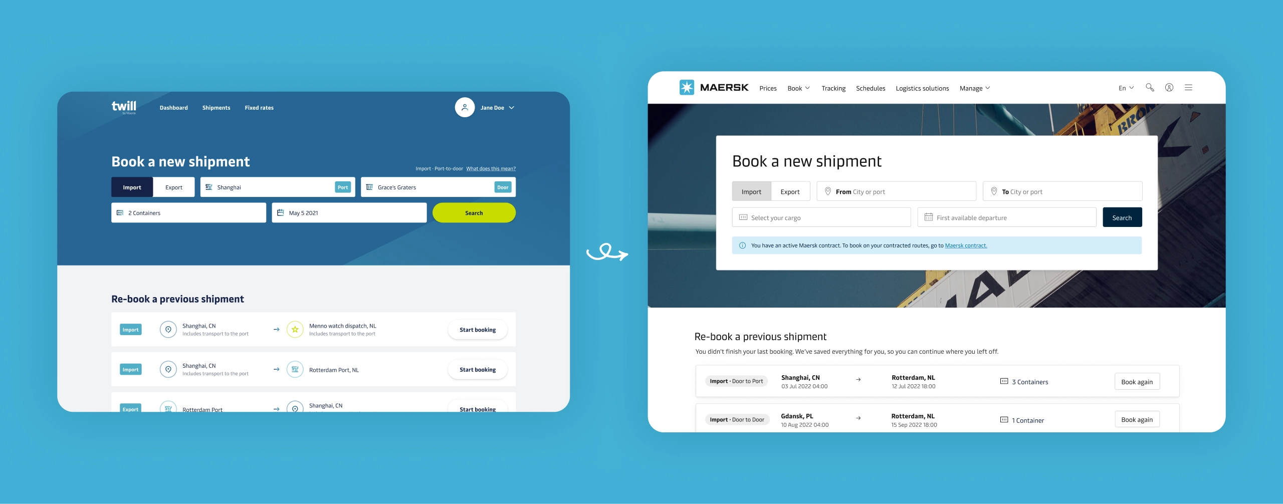 Two screenshots, on the left: a Twill design. On the right, the same page, but with Maersk
styling.