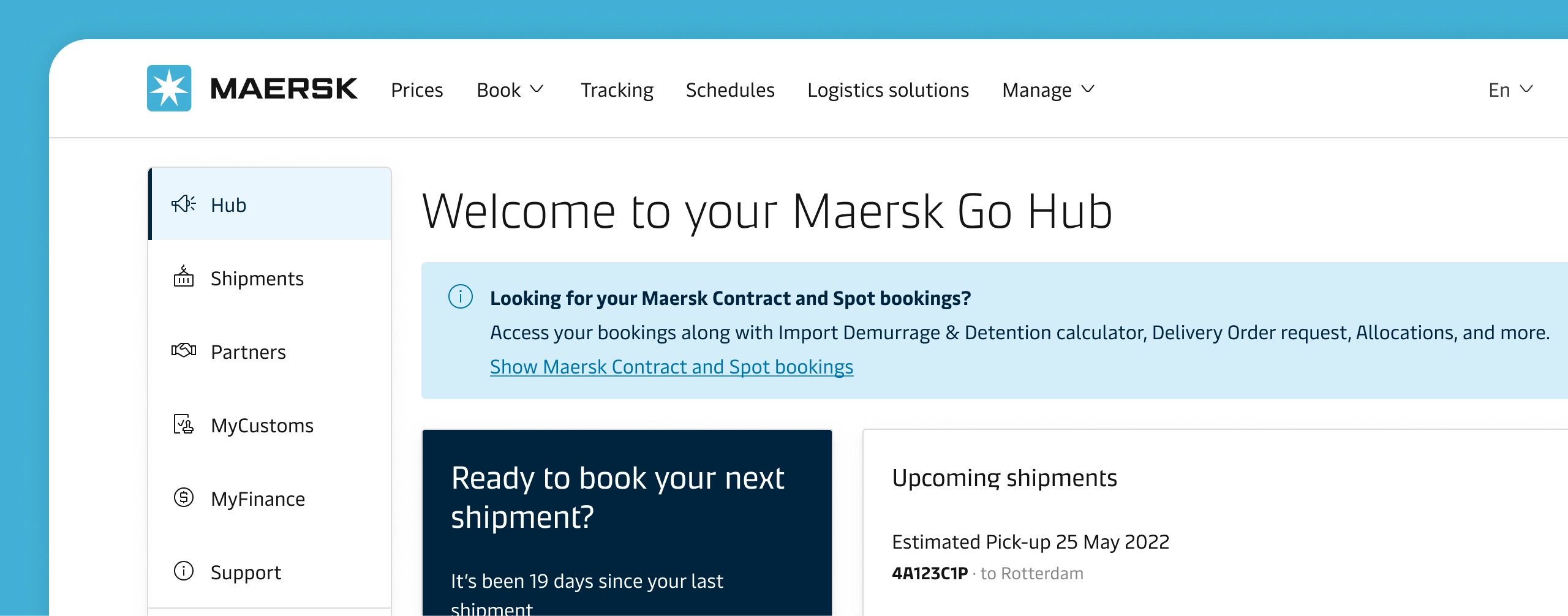 A screenshot that shows the Maersk Go hub.